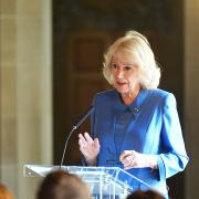 Queen Camilla giving a speech in the Painted Hall during The Queen's Reading Room Festival at Chatsworth House, Bakewel