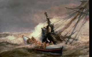 Oil painting by W L Wyllie (1851-1931) of the Southsea lifeboat the Heyland rescuing the crew of a sailing ship.