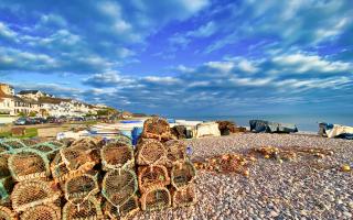 Fishing boats are drawn up on the shingle on Budleigh's pebble beach.