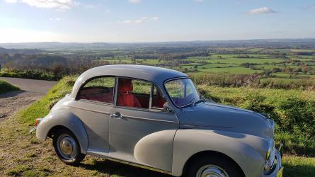 Grandma's Tiny Morris after her 50th birthday present of a makeover and spruce up, taken in October 2017 on Ibberton Hill. Photo: Greg Hoar