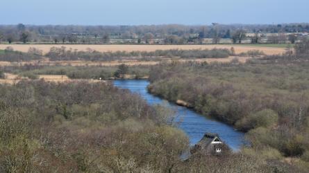 Ranworth floating visitor centre at the dyke which leads to the River Bure seen from Ranworth church tower. Photo: Denise Bradley