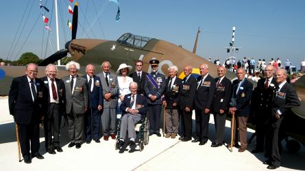 Sir Christopher Foxley-Norris in the foreground with fellow veterans and guests at the Battle of Britain Memorial, Capel-le-Ferne. Battle of Britain Memorial Trust