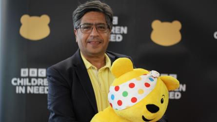 Tommy Nagra and Pudsey working together on the November 2023 Children in Need appeal. BBC
