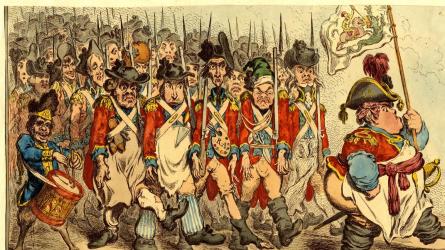 James Gilray cartoon from 1796 'Supplementary-Militia, turning-out for Twenty Days Amusement' the local militia was required to train for several weeks each year. (Image: britishmuseum.org/collection)