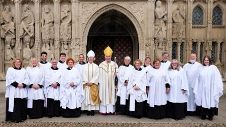 Newly ordained curates outside Exeter Cathedral: Rev'd Hazel Britton is 5 from right. Bishop Jackie is also in the picture, 8 from left. Photo: Diocese of Exeter