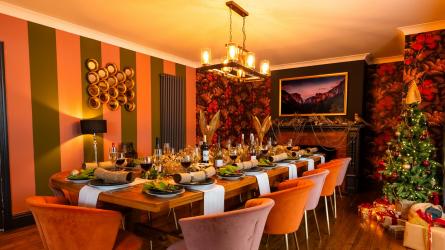 The dining room is decorated in the rich coppers, golds and russets of an autumnal New Forest. Image: Liam Upshall (c) Liam Upshall