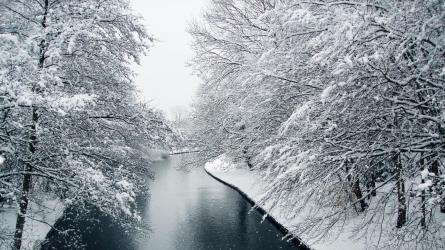 Snowfall on canal in Cassiobury Park Watford (c) Getty