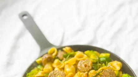 Orecchiette with Brussels sprouts, sausages, olives and rosemary