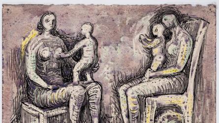 The drawing features four studies of a mother and child, a common theme in Henry Moore's work, who was one of the most important British sculptors of the 20th century