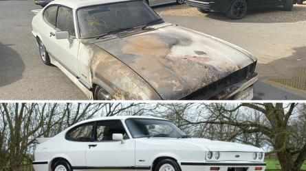 The white car was rebuilt after an engine fire